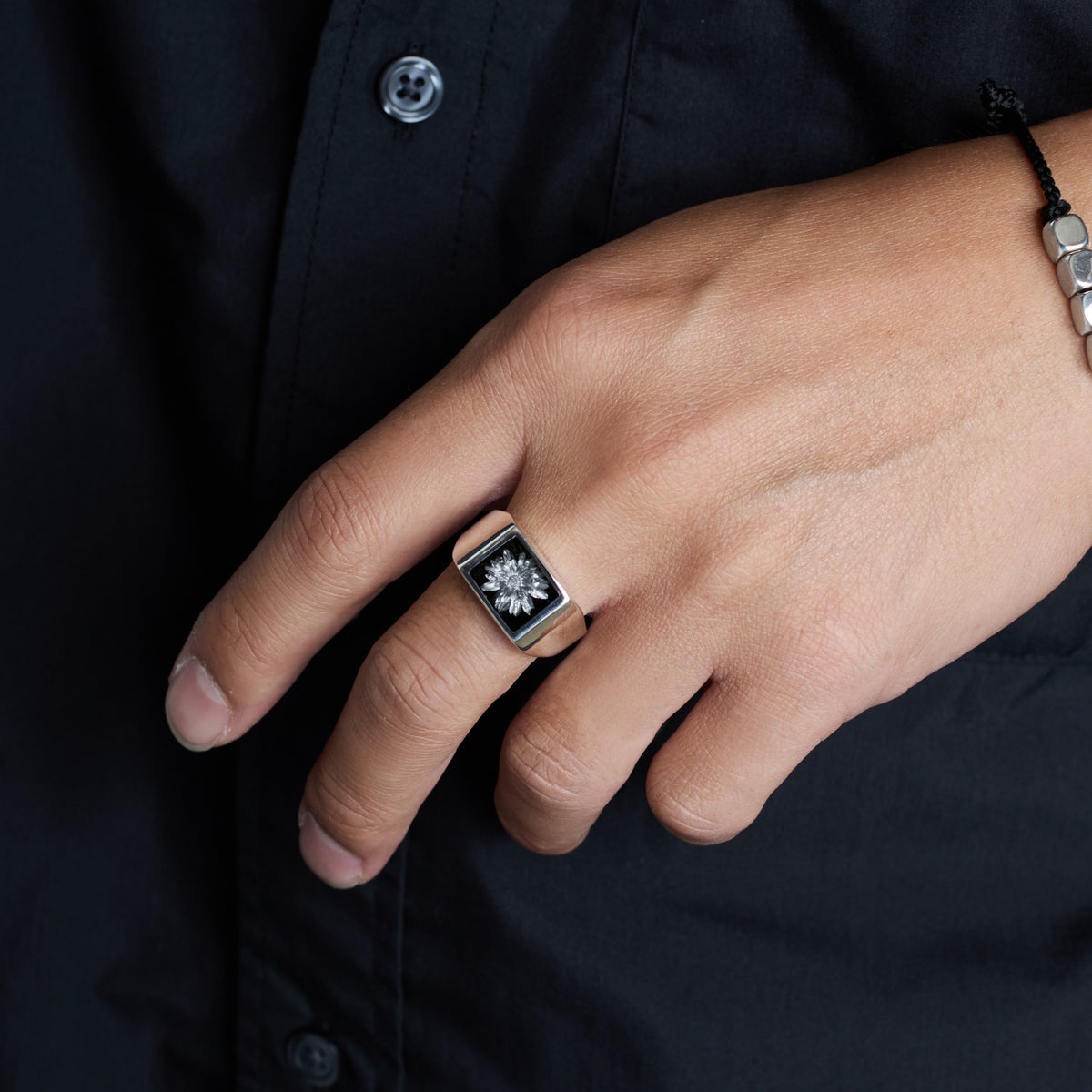 Signet Ring with Black & Gray Flower – XOLO JEWELRY