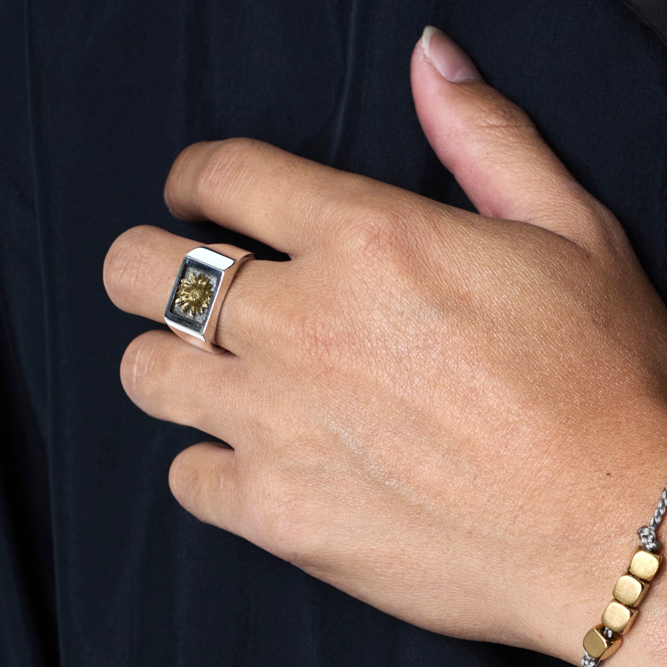 Signet Ring with Gray & Gold Flower – XOLO JEWELRY